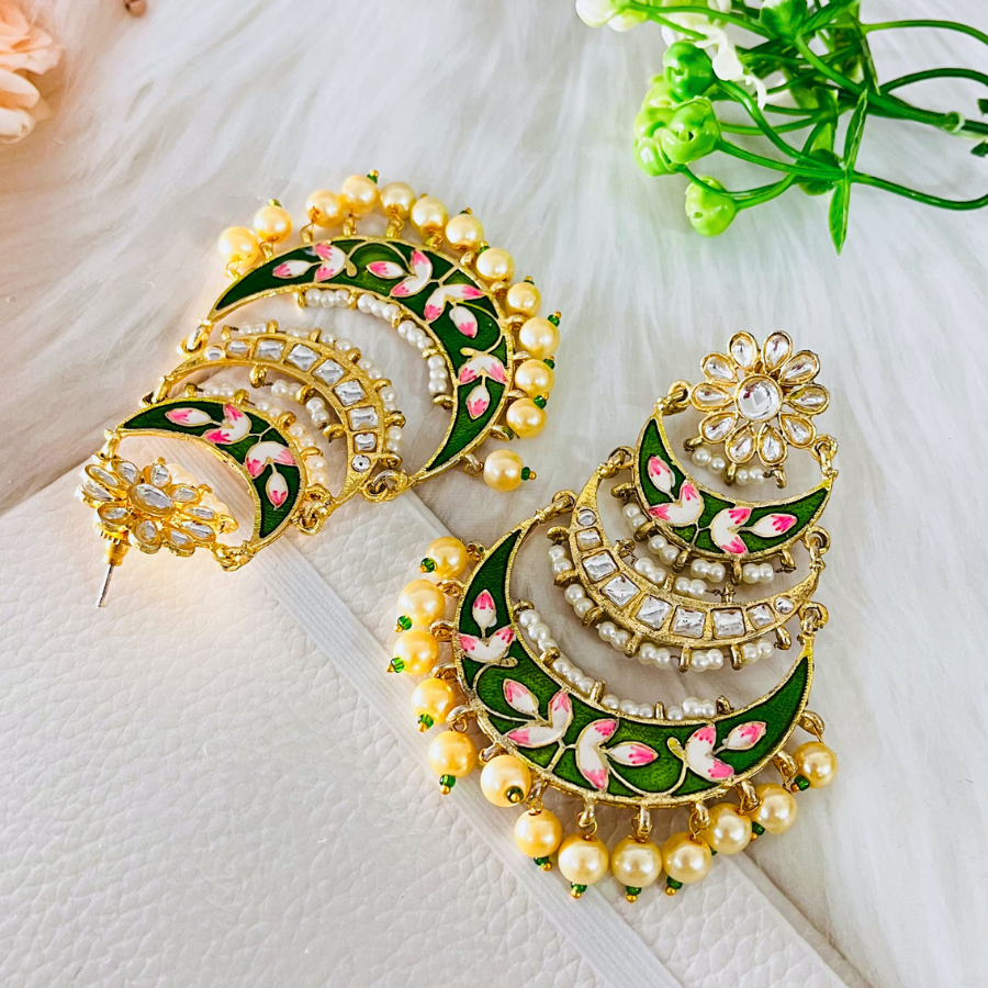 Green Meenakari Chandbali Earrings