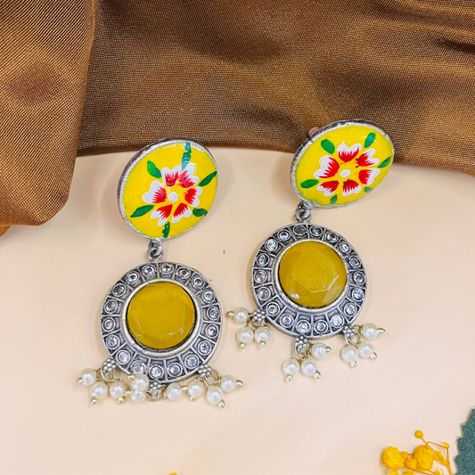 Oxidised Silver Yellow Drop Earrings