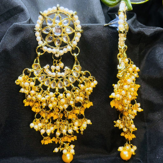 Yellow Kundan Studded Contemporary Chandbalis Earrings