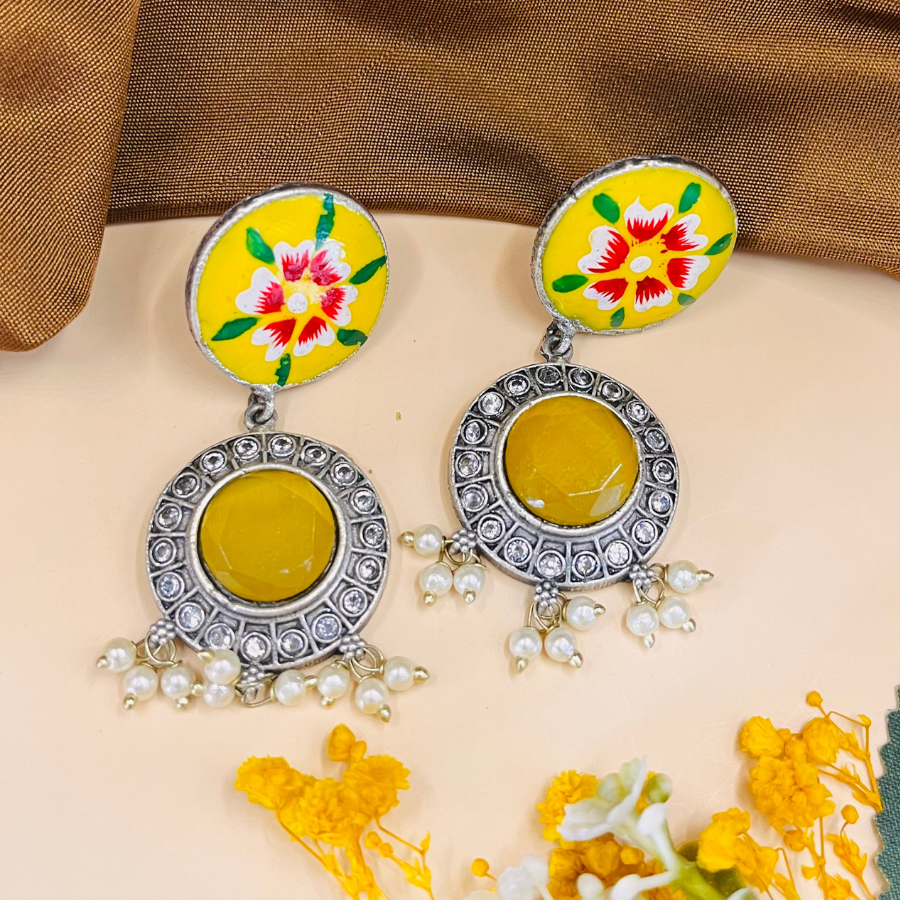 Oxidised Silver Yellow Drop Earrings