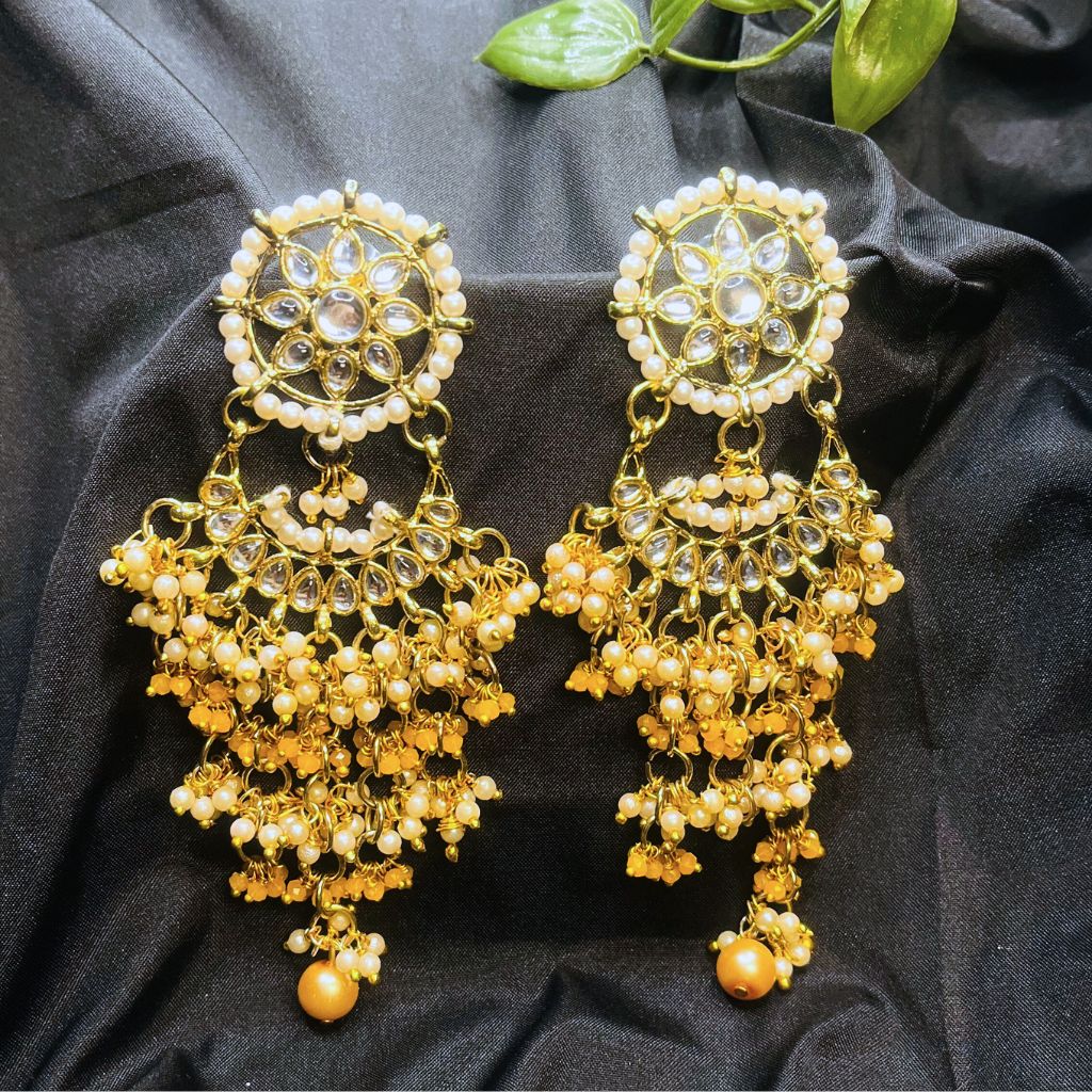 Yellow Kundan Studded Contemporary Chandbalis Earrings