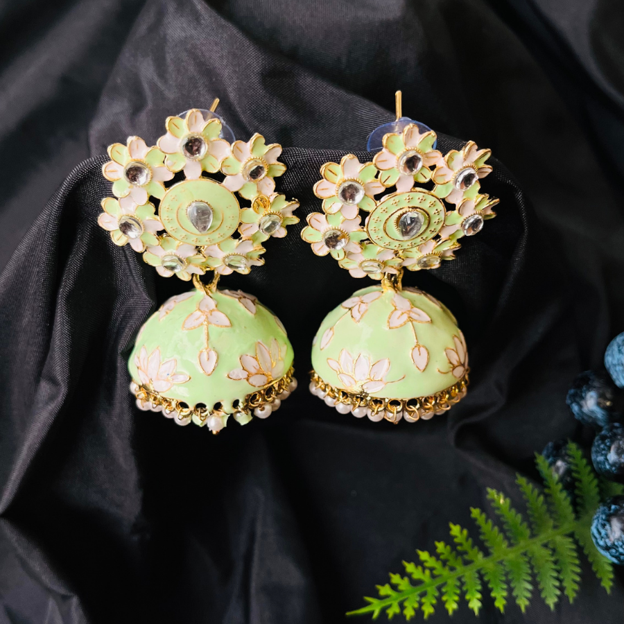 Mint Lotus Gold Plated Jhumki Earrings