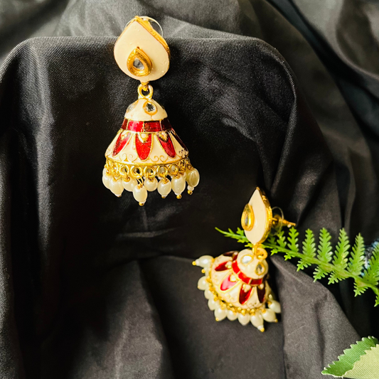 Cream and Red Gold Plated Small Jhumki Earrings