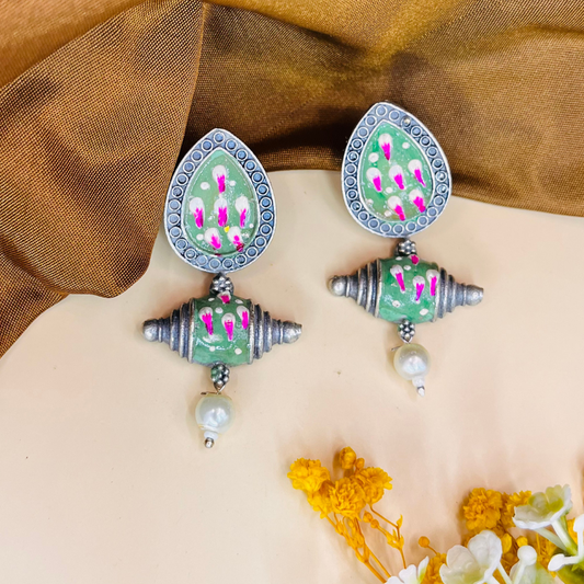 Green Handprinted Drop Earrings
