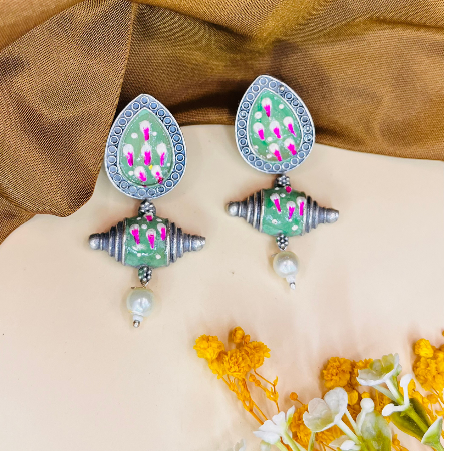 Green Handprinted Drop Earrings