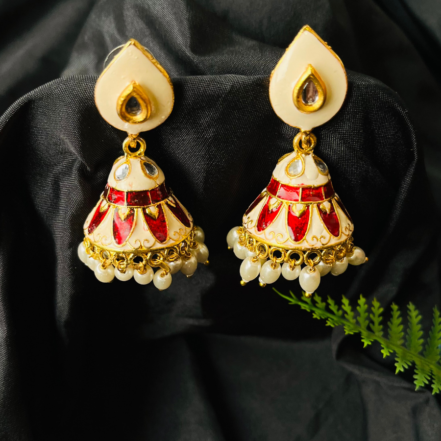 Cream and Red Gold Plated Small Jhumki Earrings