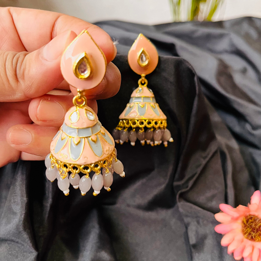 Pink & Grey Gold Plated Small Jhumki Earrings