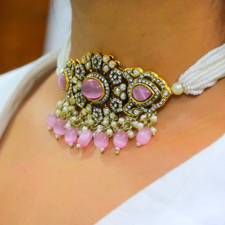 Victorian Pink Beaded Necklace Set