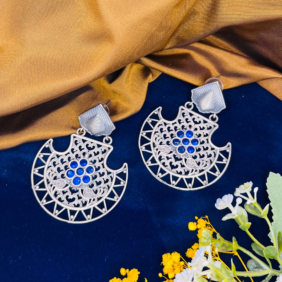 Silver Blue Chandbali Earrings