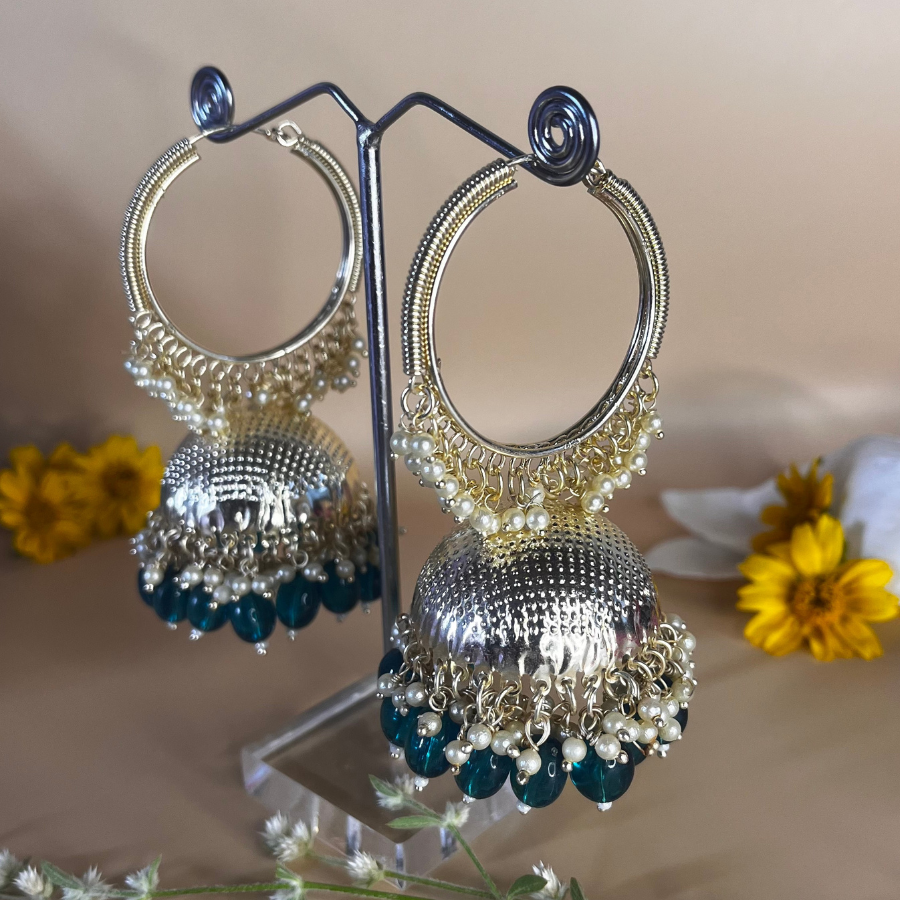 Peacock Green Kundan Pearl Hoop Earrings