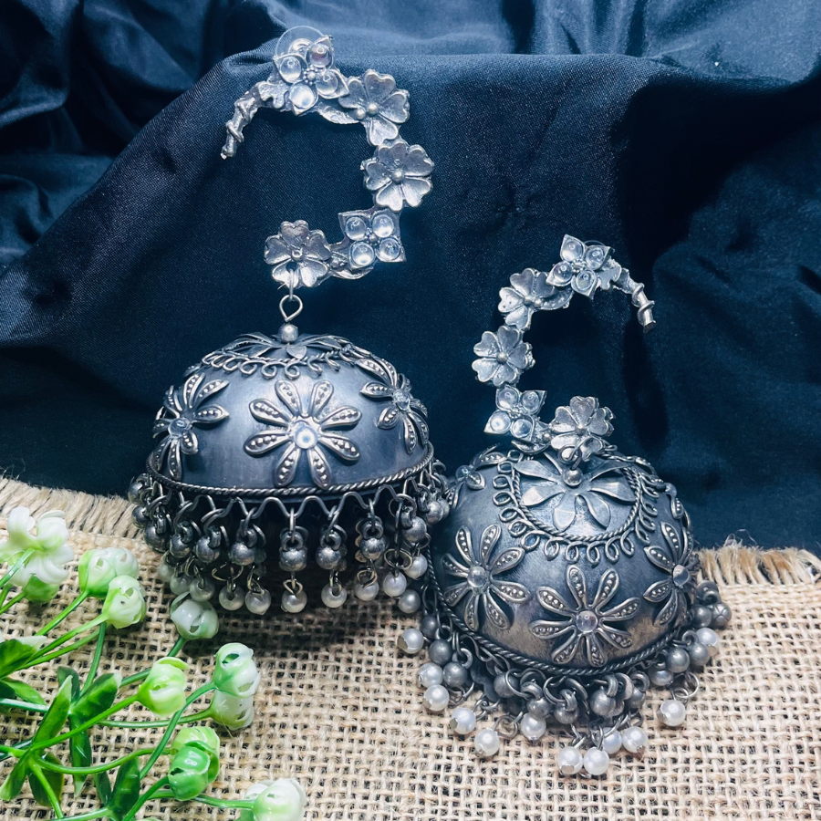 Oxidized Silver Plated Floral Dome Shaped Jhumkas