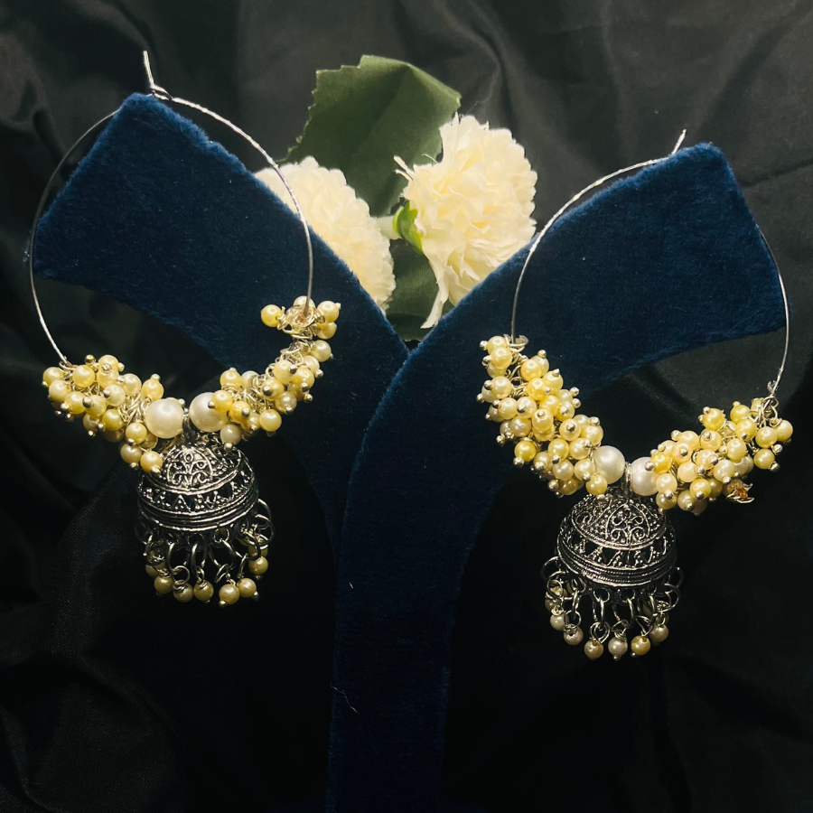 Silver-Plated Oxidised Hoop Earrings with Beads
