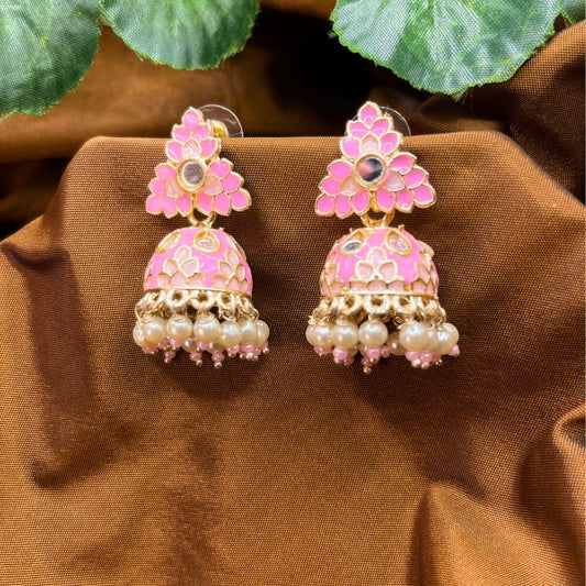 Pink Mirror & Pearl Beads Earrings