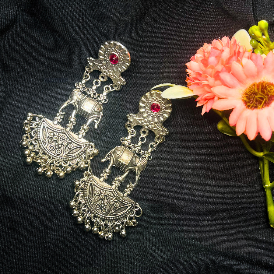Oxidized Silver-Plated Stone-Studded Dangler Earrings