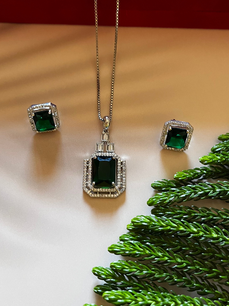 Emerald Green CZ Pendant Studs Set with Chain
