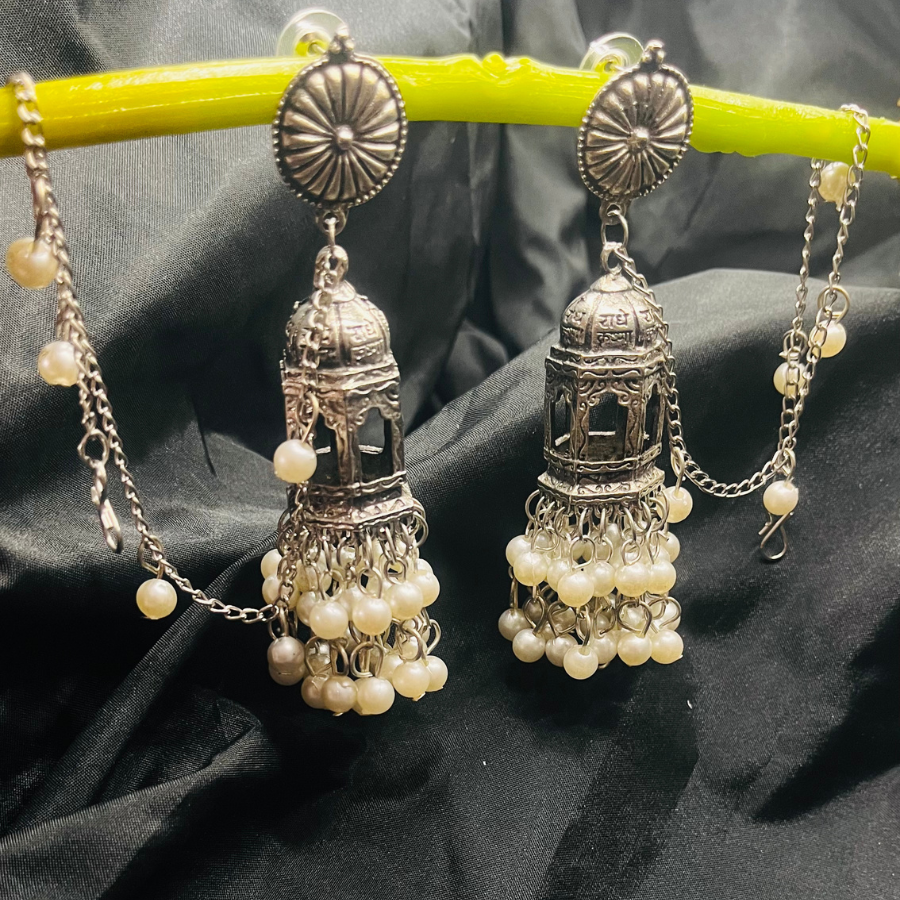 Silver Plated Oxidised Temple Design Jhumki Earrings