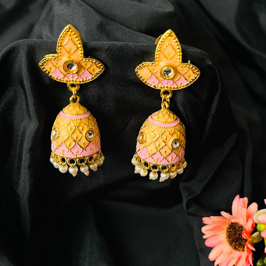 Pink Gold Plated Enamelled Small Jhumki Earrings