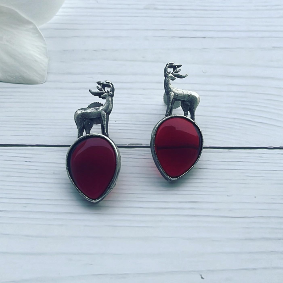 German Silver Deer Monalisa Stone Studs Earrings