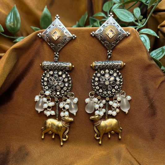 White Premium Oxidised Two Tone Earrings