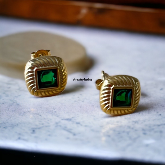 Gold Plated Green Studs Earrings