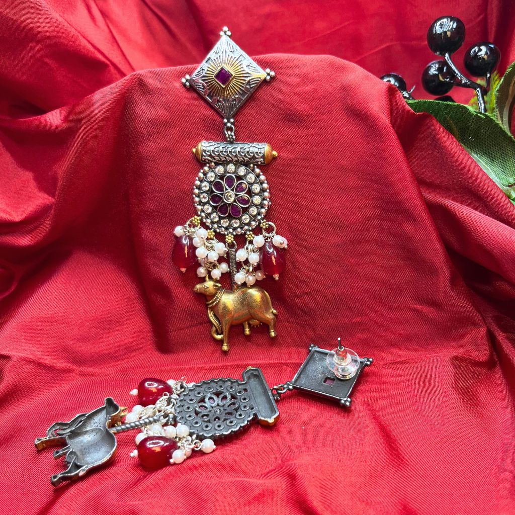 Red Premium Oxidised Two Tone Earrings