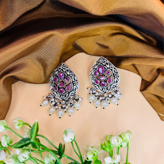 Oxidised Silver Pink Stone Stud Earrings