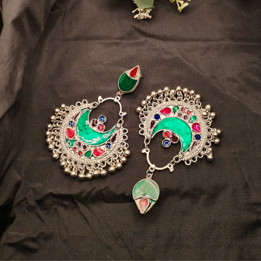 Silver-Plated Green Classic Chandbalis Earrings