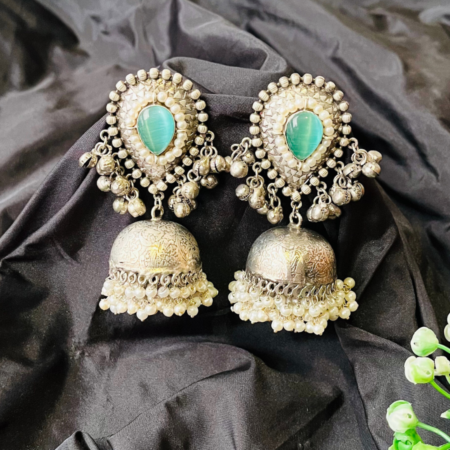 Premium German Silver Monalisa Stone with Ghungroo Jhumka Earrings