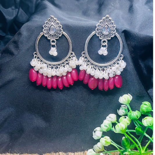 Oxidised Silver Rani Pink Stones With Pearls Ethnic Earrings