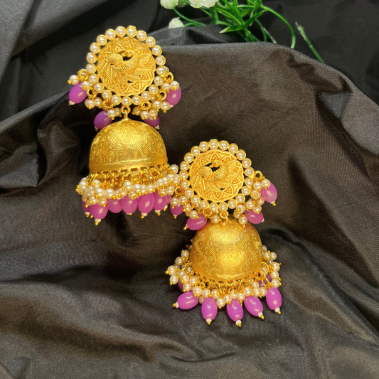 Gold-Plated Purple Kundan & Beaded Jhumkas Earrings