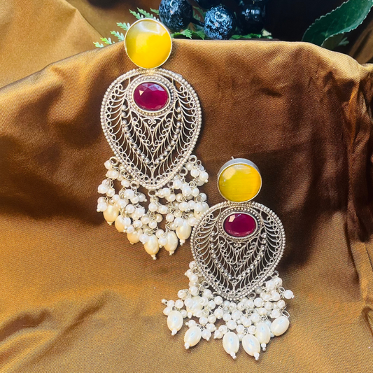 German Silver Yellow Monalisa Stone Leaf Drop Earrings