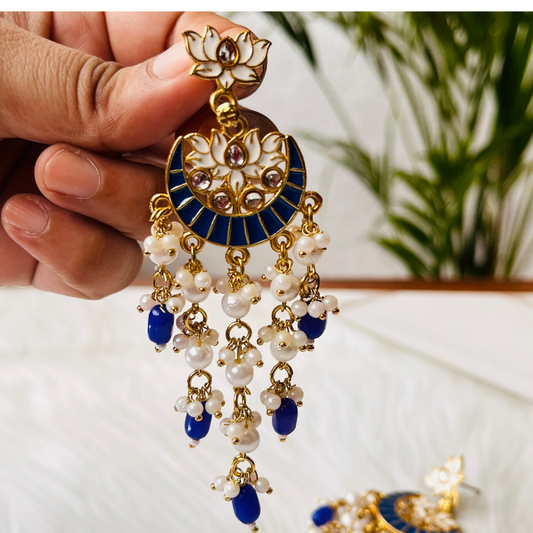 Gold-Plated Blue Kundan Drop Earrings