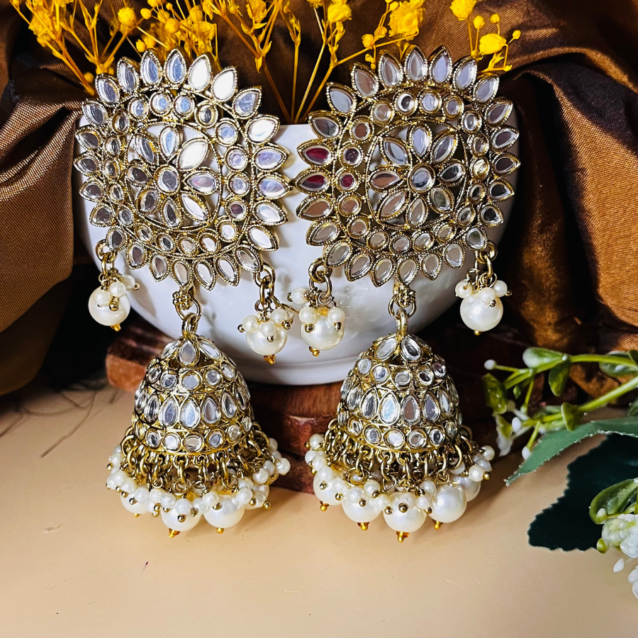 Ivory Color Mirror Jhumkas Earring