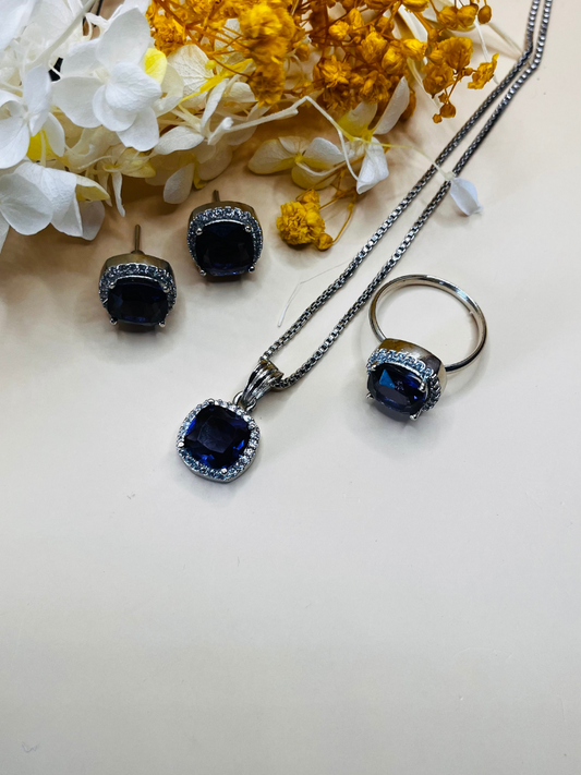 Premium Quality Silver Plated Purple Pendant Earrings and Ring Set