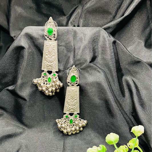 Antique Finishing Oxidised Silver Green Studs Earrings
