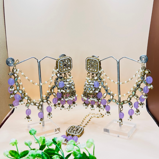 Designer Mirror Kundan Jhumkas Earring Earchain and Tikka Set