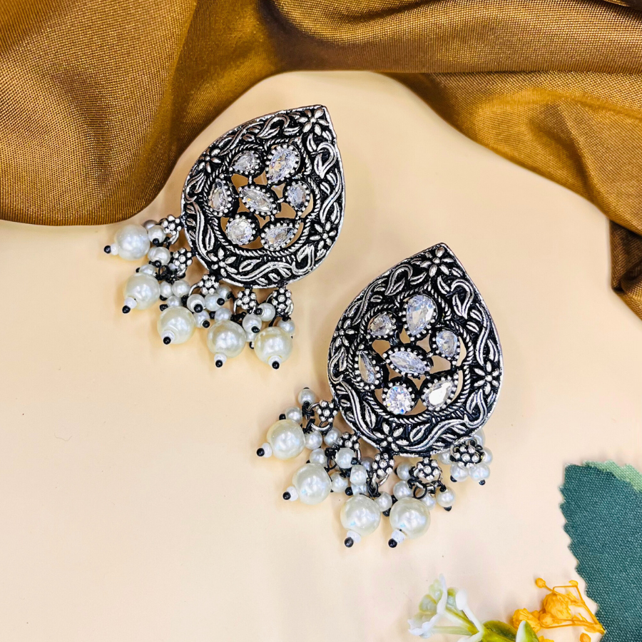Oxidised Silver Stone Stud Earrings