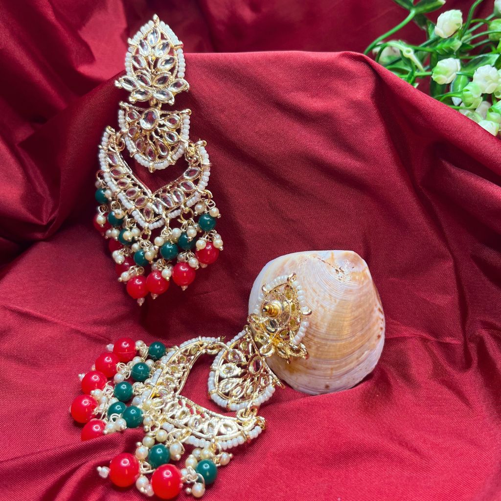 Red Green Kundan Earrings