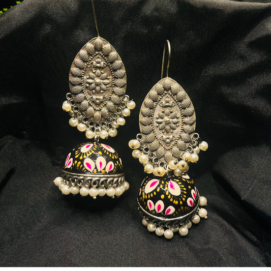 German Silver Meenakari Black Jhumki Earrings