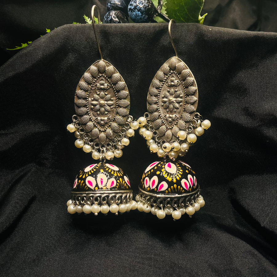 German Silver Meenakari Black Jhumki Earrings