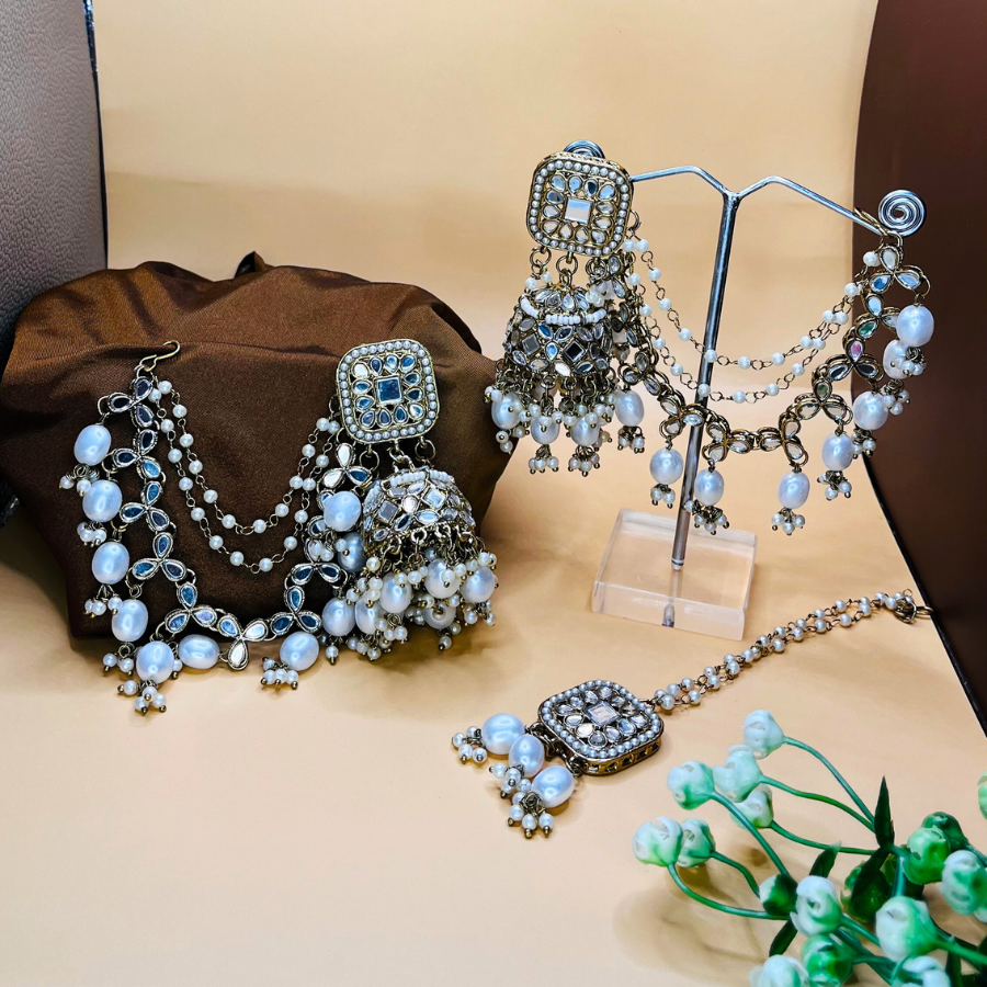 Mirror Jhumka Earchain Earring with Tikka