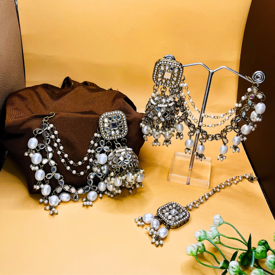 Mirror Jhumka Earchain Earring with Tikka