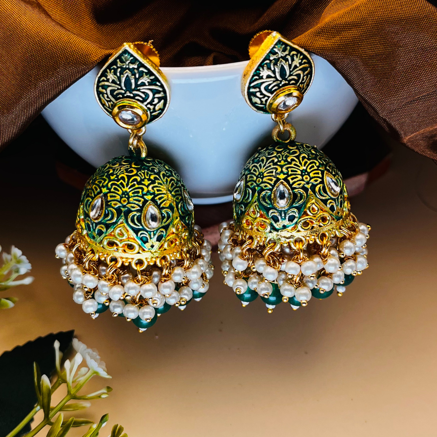 Gold Platted Meenakari Jhumka Earrings