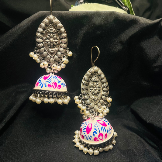 German Silver Meenakari White Jhumki Earrings