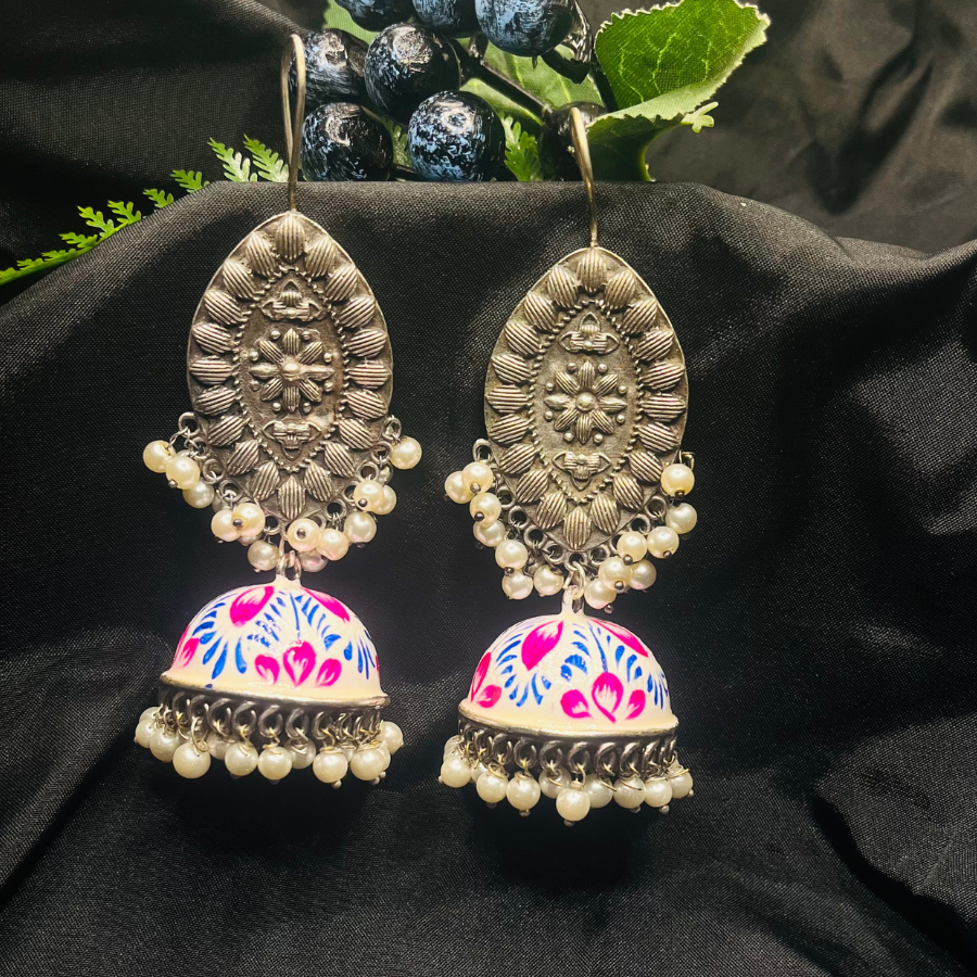 German Silver Meenakari White Jhumki Earrings