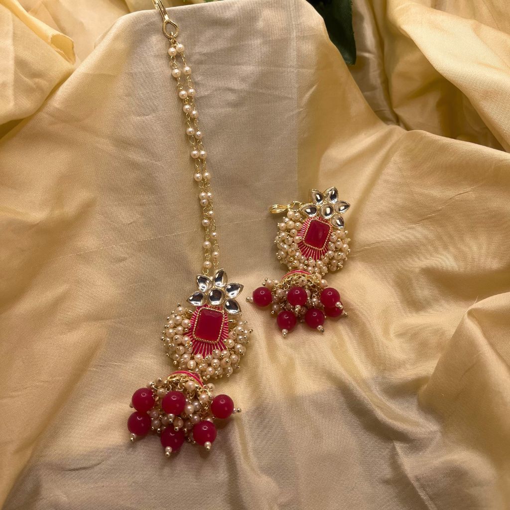 Pink Gold Tone Kundan Pearl Beaded Earrings With Ear Chains