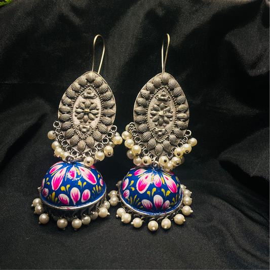 German Silver Meenakari Blue Jhumki Earrings