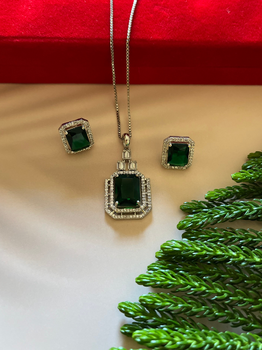 Emerald Green CZ Pendant Studs Set with Chain