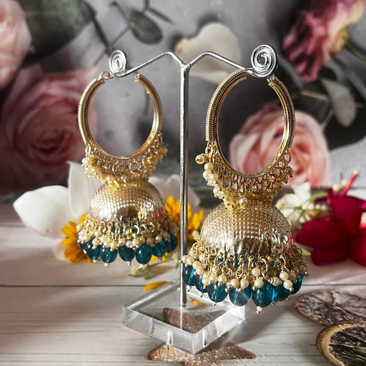 Peacock Green Kundan Pearl Hoop Earrings