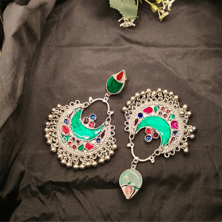 Silver-Plated Green Classic Chandbalis Earrings